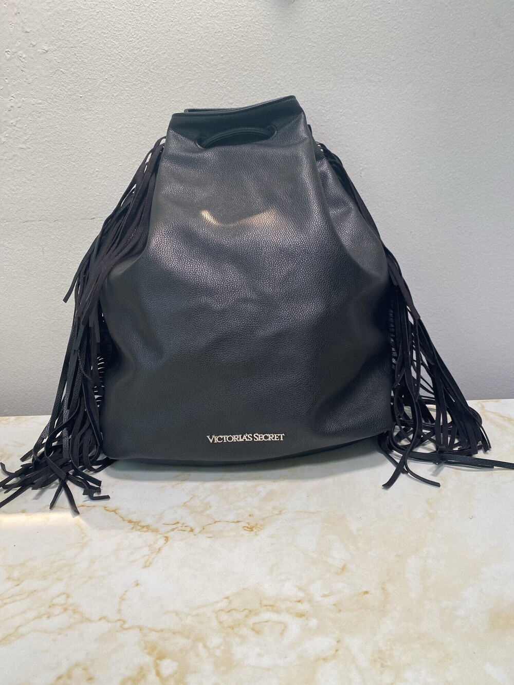 Victorias Secret Black Faux Leather Fringe Drawstring Backpack
